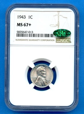 1943 P NGC MS67+ Lincoln Steel Cent 1c US Mint Wheat Penny 1943-P MS-67 Plus CAC - Image 1 of 3