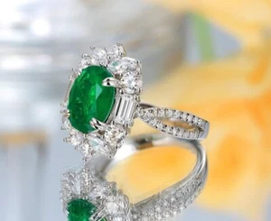 Antique Emerald Engagement Ring, 925 Silver Emerald Wedding Gift Ring - Picture 1 of 8