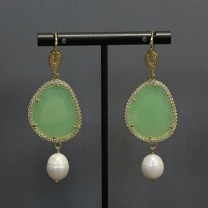 Green Cat eye White Rice Pearl Gold Plated CZ Hook Dangle Earrings Cute style - Picture 1 of 7