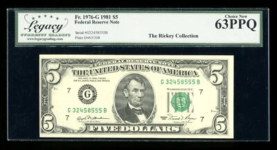 DBR 1981 $5 FRN Chicago Fr. 1976-G Legacy 63 PPQ Serial G32458555B - Image 1 of 2