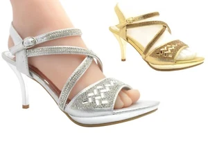 DAMEN DIAMANT HOHE ABSÄTZE ABSCHLUSSBALLSCHUHE HOCHZEIT BRAUT ABENDSANDALEN GRÖSSE - Bild 1 von 10