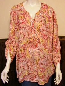 BASIC EDITIONS PLUS WOMAN 3X ORANGE/YELLOW PAISLEY/FLORAL 3/4 SLEEVE BLOUSE NWT - Picture 1 of 2