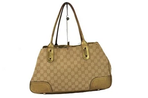 GUCCI GG Beige Gold Canvas & Leather Ribbon Tote Bag Handbag Purse Italy Used - Picture 1 of 24