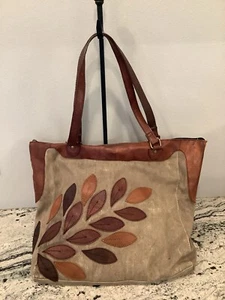 Mona B Canvas Leather XL Tote Purse Leaves Leaf - Picture 1 of 9