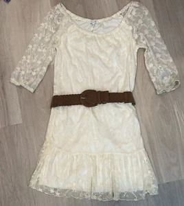 Delia's Lace Dress Womens Small Off White Ivory Belt Boho Ruffle Lined DF - Picture 1 of 7