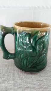 Art Studio Pottery Green Glazed Mug 3D Deer/Floral Pattern EUC - Picture 1 of 9