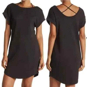 H HALSTON STUDIO Black Crossover Neck Shift Cotton Tee T-Shirt Mini Dress XS - Picture 1 of 4