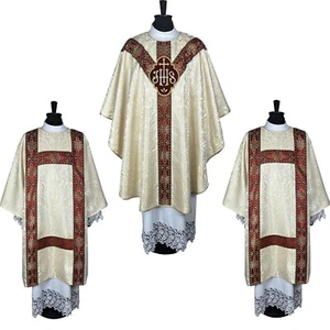 Semi Gothic Chasuble, Dalmatic x2- A Low Mass Set, brocade , lined - Picture 1 of 10