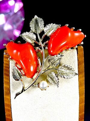 FABULOSO BROCHE CORO DORADO CORAL NARANJA TERMOESTABLE IMITACIÓN PERLA FLORAL SPRAY Foto 1 de 4