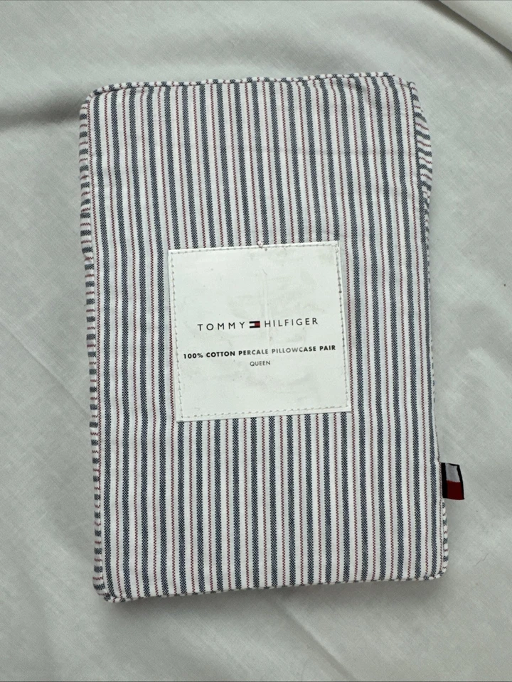 TOMMY HILFIGER Queen 100% Algodón Percal Funda de Almohada Par Rayas Nuevo con Etiquetas Foto 1 de 4