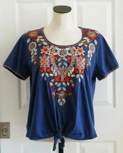 JOHNNY WAS Blue Jersey w/Coral Multi Embroidered Maisie Boxy Knot Tie Tee L $296 - Picture 1 of 14