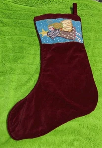 Medias de Navidad vintage de ángel punta de aguja 16" terciopelo granate  - Imagen 1 de 4