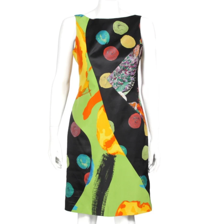 CHRISTIAN LACROIX Paris Vintage Black 90s Pop Art Silk Sheath Dress sz 36 /583 - Image 1 of 4