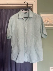 Hugo Boss Shirt 100% Linen Regular Fit Button Up Short Sleeve Pale Green Men L - Picture 1 of 8