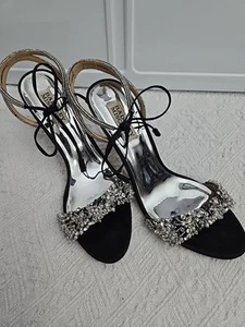 BADGLEY MISCHKA Black Satin Crystal Embellishment Sandals SZ 8  W Box READ - Picture 1 of 19