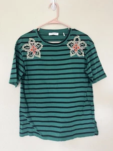 Top Sandro Paris Rayas Floral Recorte Adornado Diseñador Talla Pequeña Preppy - Imagen 1 de 6