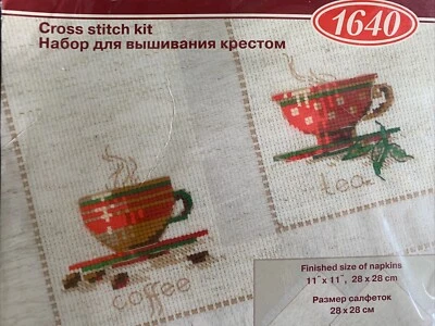 Juego de servilletas para taza de té y taza de café punto de cruz nuevo en paquete 11x11 ea Foto 1 de 4