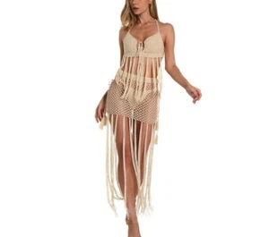 Bikini boho fatto a mano all'uncinetto donna frange lunghe nappa gonna zingara set 3 pezzi - Foto 1 di 16