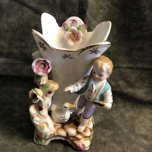 Naudot Porcelain Figurine Vase Boy w/ Duck Roses Lovely ~ Highly Detailed! - Picture 1 of 8
