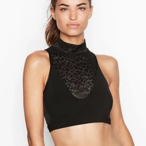 NWT VICTORIA'S SECRET BLACK LEOPARD MESH SPLIT BACK HIGH NECK SPORTS BRA SZ S - Picture 1 of 7