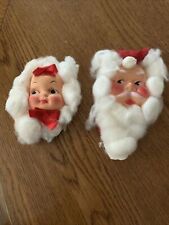 2 Vintage Handmade Celluloid Santa Claus & Mrs w/Cotton Ball Hair