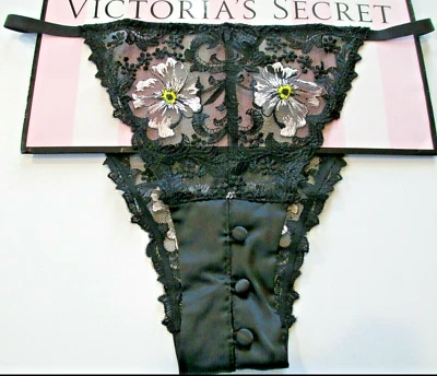 VICTORIA'S SECRET VERY SEXY Itsy Mini String Bikini Panty VS Black Floral L XL - Image 1 of 4