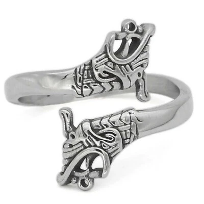 Norse Wolves Geri Freki Ring Silver Stainless Steel Viking Wolf Band Sizes 9-13 - Image 1 of 4