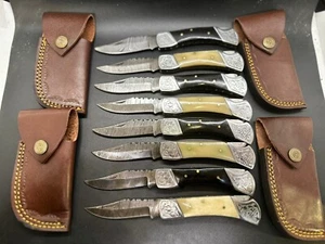 Lot of 8 HAND FORGED DAMASCUS Steel Folding Lock back Pocket Knife with Sheath - Picture 1 of 5