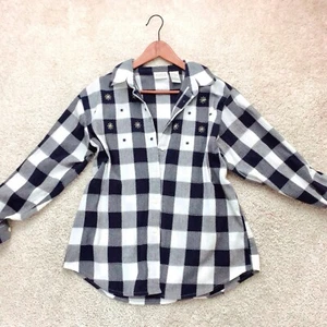 KORET FRANCISCA Navy Blue Embroidery Checked 3/4 Roll Tab Sleeve Shirt Top M - Picture 1 of 5