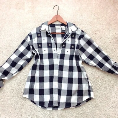 Camisa Top KORET FRANCISCA Azul Marino Bordada Cuadros 3/4 Pestaña Enrollable M Foto 1 de 4