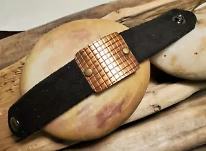 8" Soft black deer suede leather snap cuff. Western bracelet with copper concho. - Picture 1 of 3