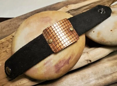 8" Soft black deer suede leather snap cuff. Western bracelet with copper concho. - Image 1 of 3