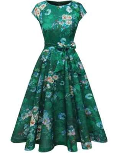 DRESSTELLS Women's Vintage Tea Dress Prom Swing Party Dress floral green Large - Picture 1 of 3