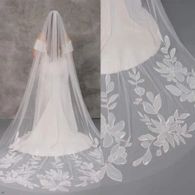 Wedding Bridal Veil Cathedral Length Simple Flower Applique Edge Lace With Comb - Image 1 of 4