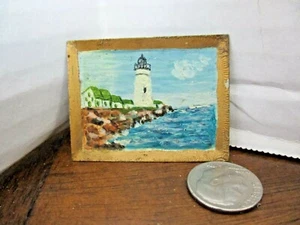 Vtg ORIGINAL Miniature 1.75" x 1.5"  OIL PAINTING on TIN Sea Cliff - Lighthouse! - Picture 1 of 4