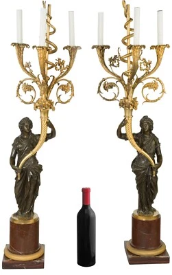 Par de lámparas de candelabro de bronce y mármol Ormolu del Imperio Francés -- 40 pulgadas, 102 cm Foto 1 de 4