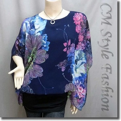 Top túnica fluido de gasa abstracto estampado floral doble capa azul S Foto 1 de 4