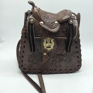 horse saddle tooled leather western brown crossbody purse bag made in mexico - Picture 1 of 13