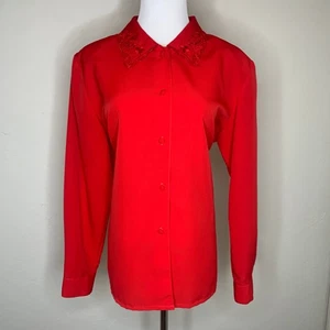 Vintage rote Bluse bestickt Cutout Kragen Detail Gr. 12 - Bild 1 von 8