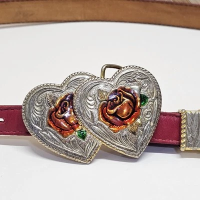 Cinturón Western Vintage Cuero Rojo Plata Corazones Rosas Hebilla Mujer 32 S/M 31-35" Foto 1 de 4