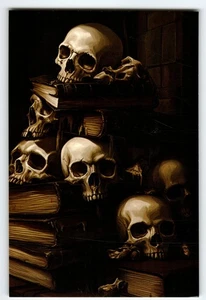 Vintage photochrome Postkarte Totenköpfe auf antiken Büchern Gothic Kunst 5,5x4" - Bild 1 von 2