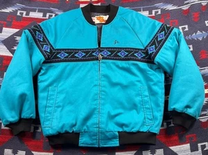 Vintage USA Made Southwest Blanket Lined Bomber Jacket Aztec Teal Detroit Coat L - Picture 1 of 15