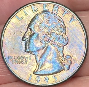1995-D Washington Quarter Brilliant Gold/Rainbow Toned Coin #16 - Picture 1 of 13