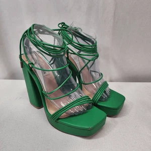 Steve Madden Manzie Green Lace Up Block Heel Squared Open Toe Heeled Sandals 9 - Picture 1 of 14