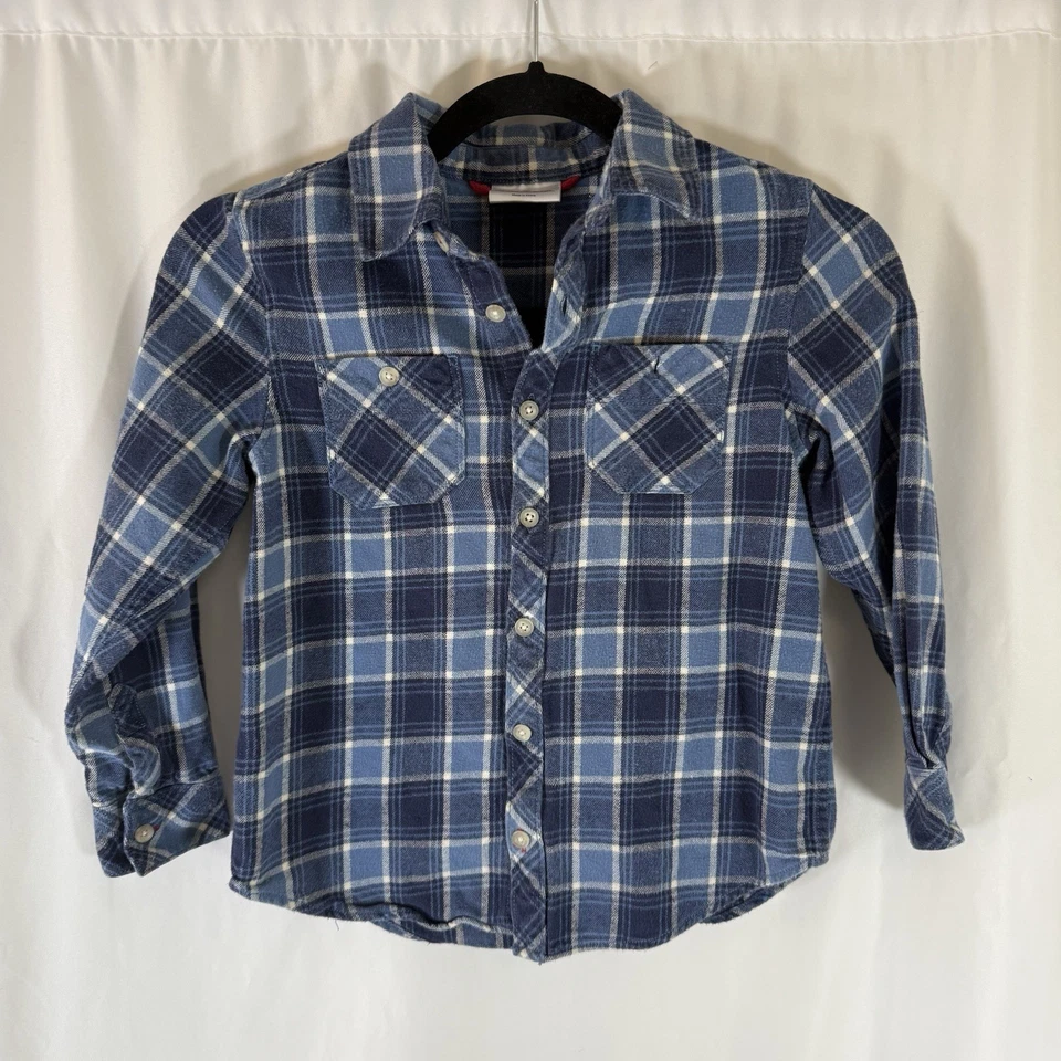 Hanna Andersson Franela Niños 120 6/7 Azul Cuadros Abotonados Manga Larga Algodón Foto 1 de 4