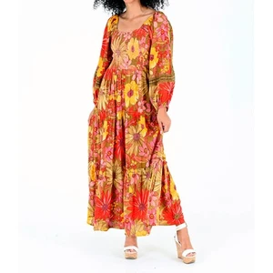 Vintage ANGIE Dress XS Boho Hippie Floral Flower Print Sunflower Ruched Stretch  - Picture 1 of 8