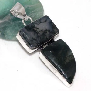 925 Silver Plated-Moss Agate Ethnic Long Gemstone Handmade Pendant Jewelry 2" P4 - Picture 1 of 3