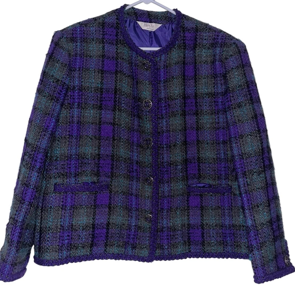Blazer Vintage Bleyle Petites Lana Boucle Angora Talla 16P P Púrpura Gris Cuadros Foto 1 de 4