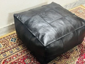 Moroccan Pouffe Leather Footstool Ottoman Boho Genuine New Unstuffed Black 30'' - Picture 1 of 9
