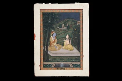 Антикварная индо-кангра 1800-х годов, могольское искусство гуашь картина Кришна и Радха - Изображение 1 из 4